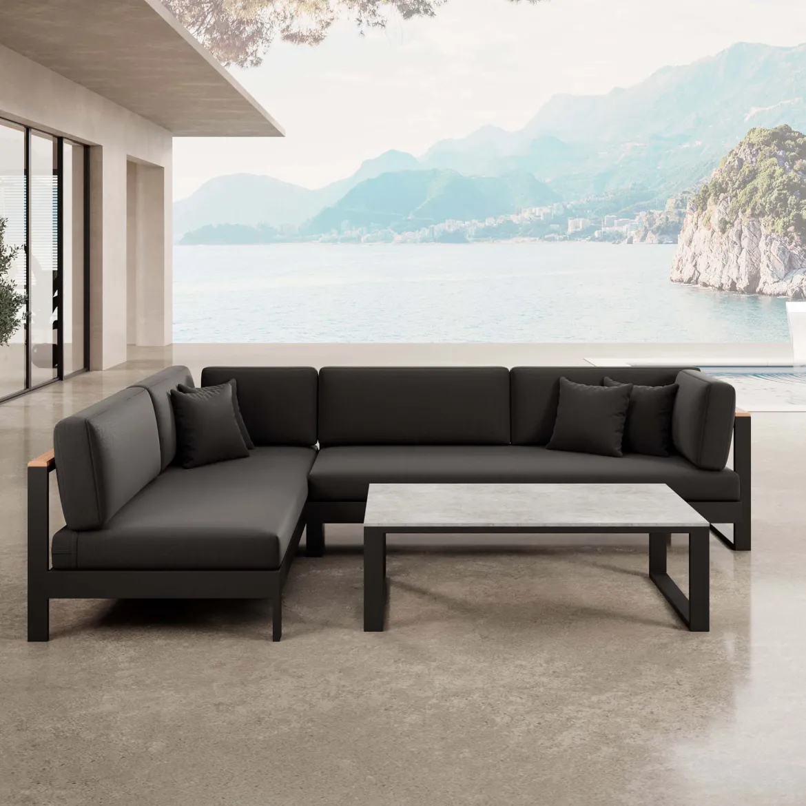 Vayla – Ecklounge, Ecksofa & Tisch aus schwarzem Aluminium | Aevora™ Kollektion