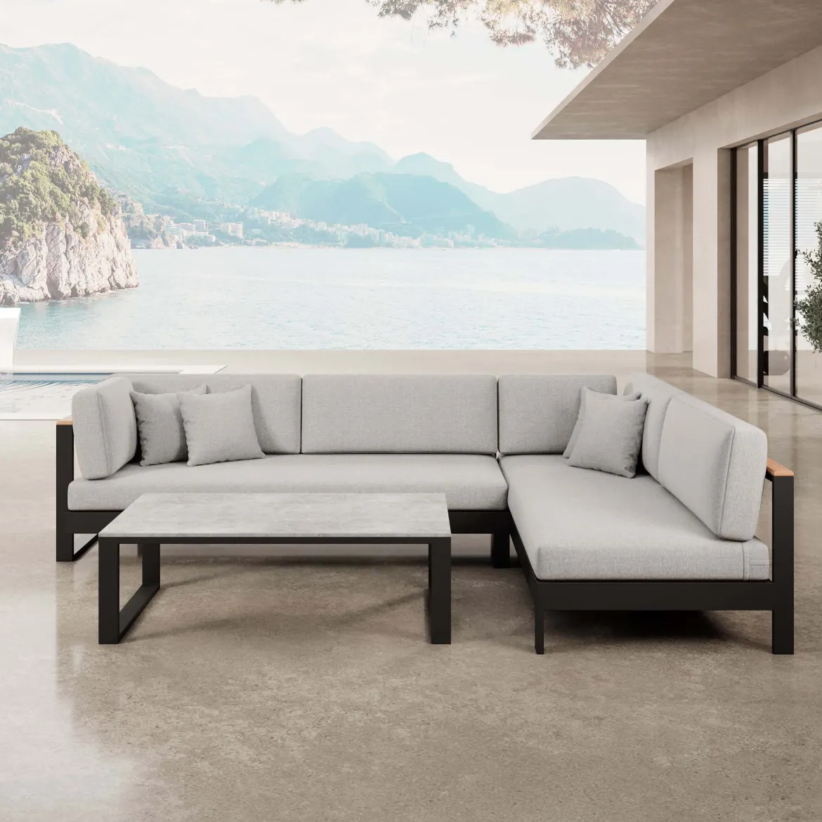 Vayla – Ecklounge, Ecksofa & Tisch aus schwarzem Aluminium | Aevora™ Kollektion