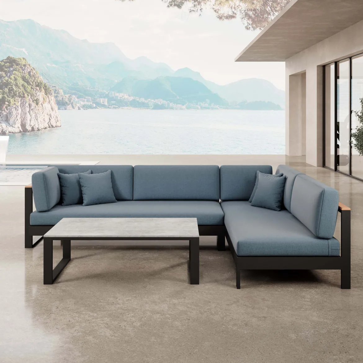 Vayla – Ecklounge, Ecksofa & Tisch aus schwarzem Aluminium | Aevora™ Kollektion