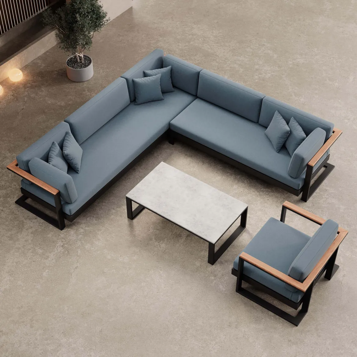 Vayla III – Loungegruppe mit Ecksofa, Loungesessel & Tisch aus schwarzem Aluminium | Aevora™ Kollektion