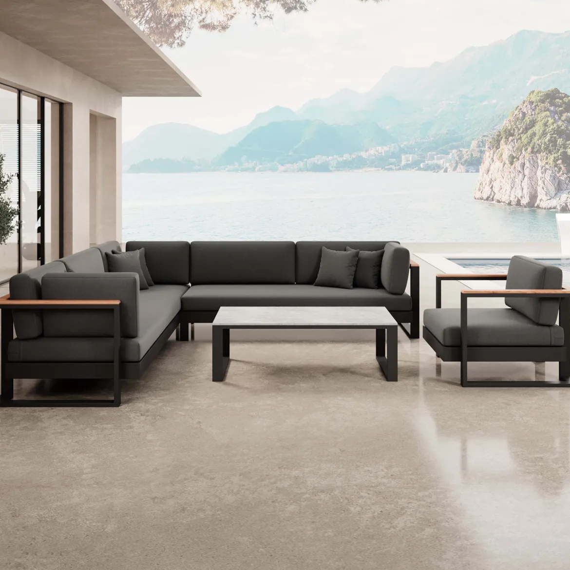 Vayla III – Loungegruppe mit Ecksofa, Loungesessel & Tisch aus schwarzem Aluminium | Aevora™ Kollektion