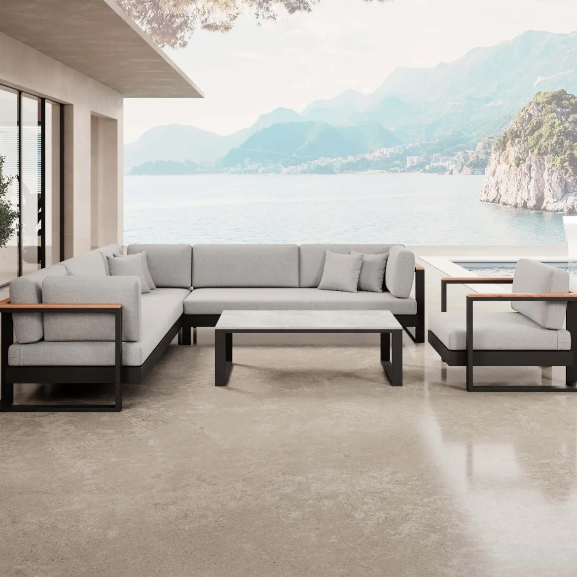 Vayla III – Loungegruppe mit Ecksofa, Loungesessel & Tisch aus schwarzem Aluminium | Aevora™ Kollektion