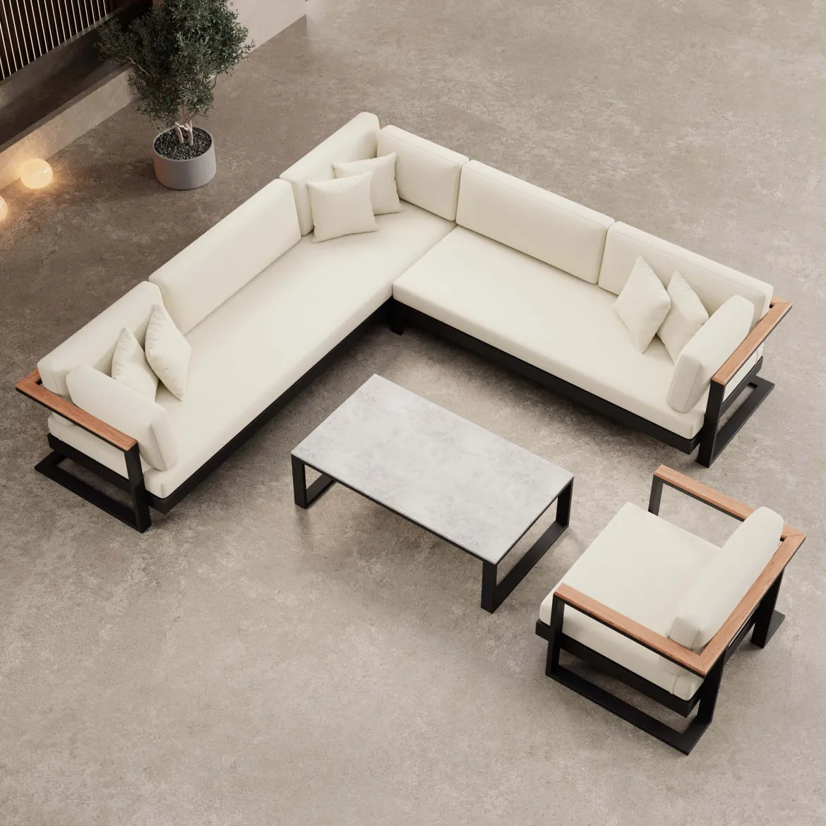 Vayla III – Loungegruppe mit Ecksofa, Loungesessel & Tisch aus schwarzem Aluminium | Aevora™ Kollektion