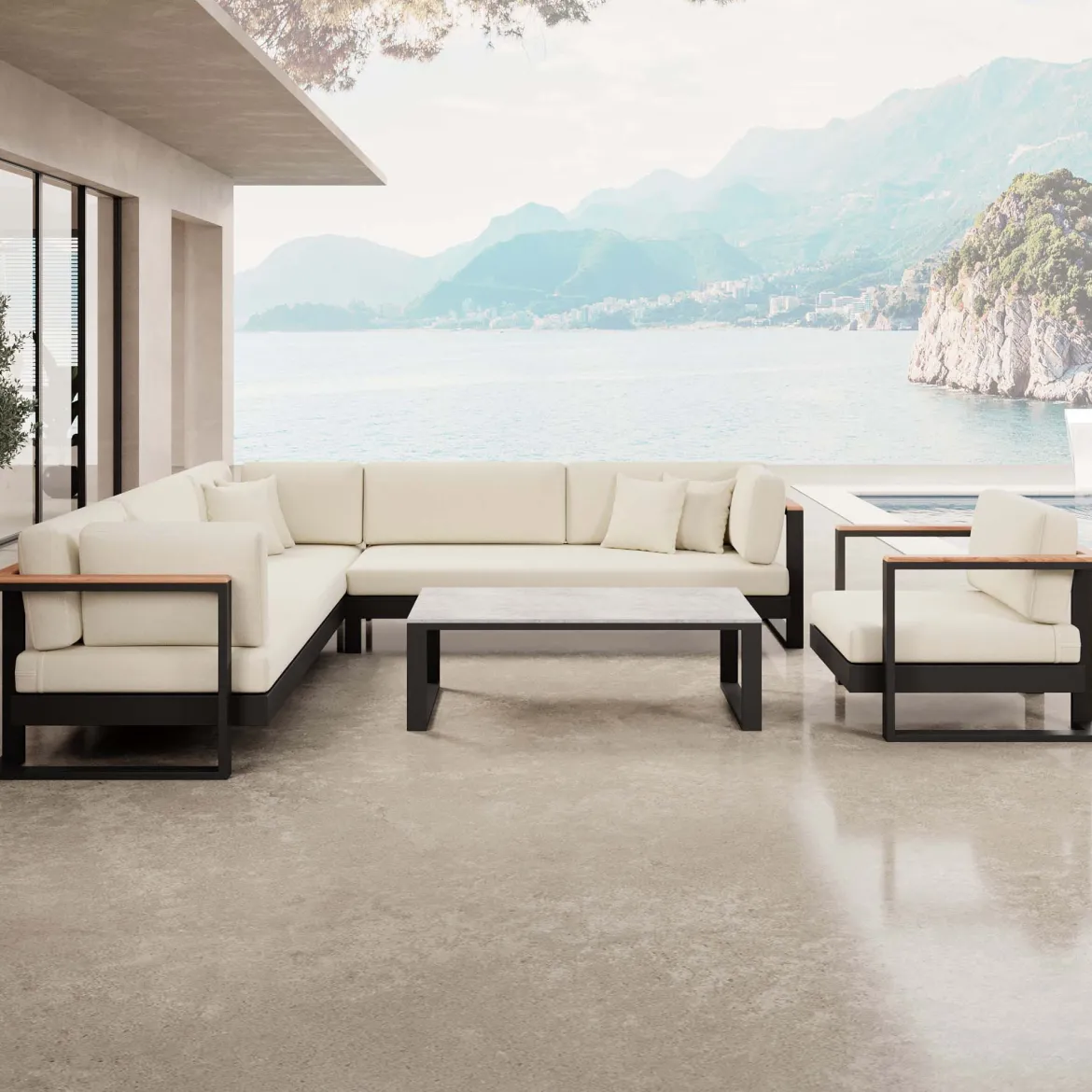 Vayla III – Loungegruppe mit Ecksofa, Loungesessel & Tisch aus schwarzem Aluminium | Aevora™ Kollektion