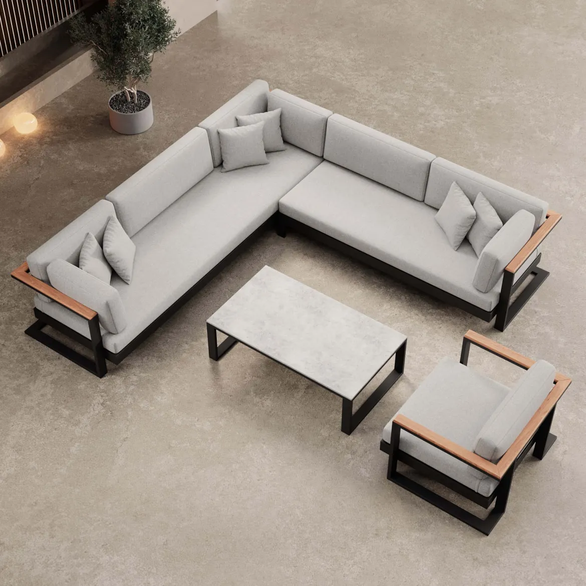 Vayla III – Loungegruppe mit Ecksofa, Loungesessel & Tisch aus schwarzem Aluminium | Aevora™ Kollektion
