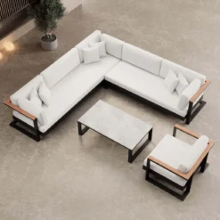 Vayla III – Loungegruppe mit Ecksofa, Loungesessel & Tisch aus schwarzem Aluminium | Aevora™ Kollektion