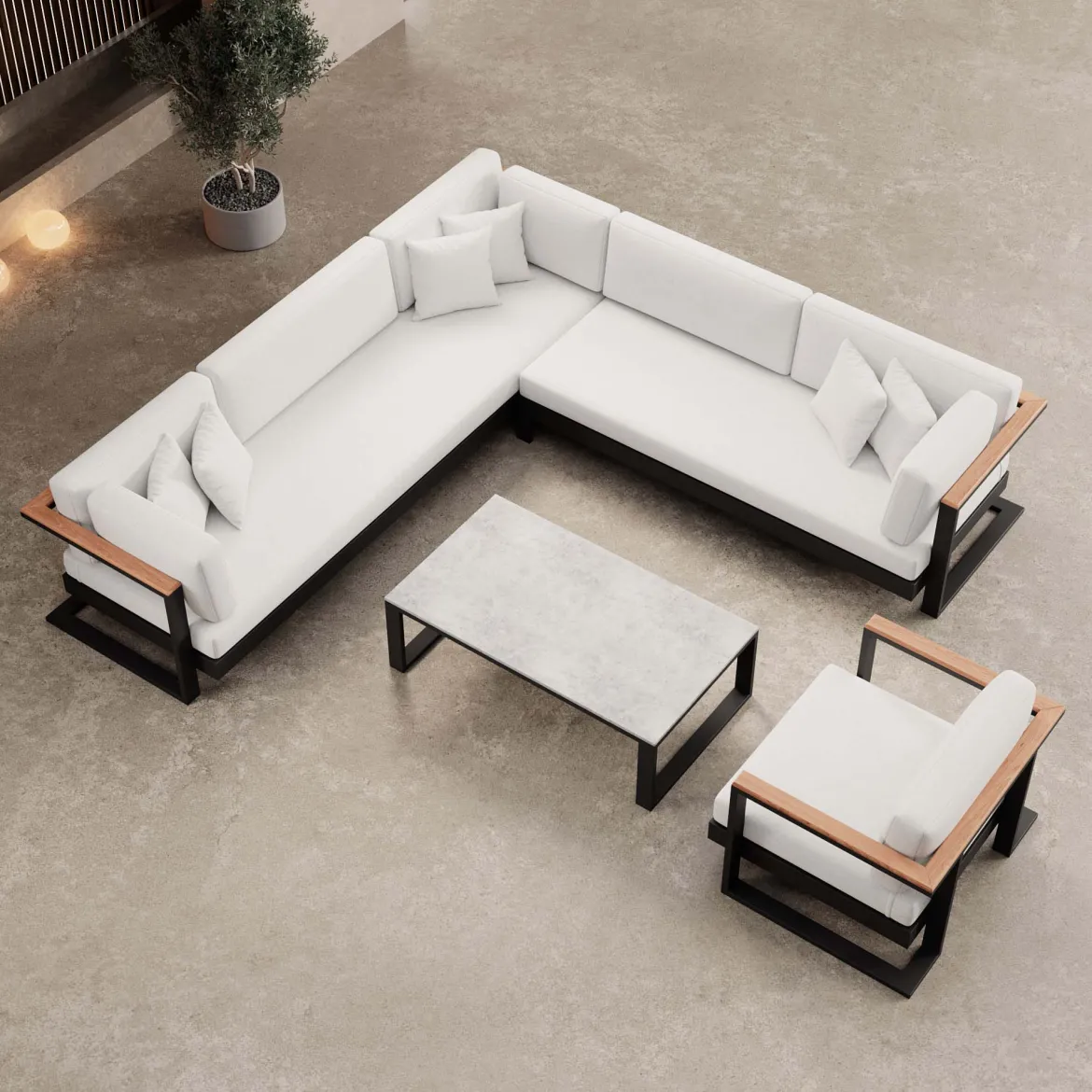 Vayla III – Loungegruppe mit Ecksofa, Loungesessel & Tisch aus schwarzem Aluminium | Aevora™ Kollektion