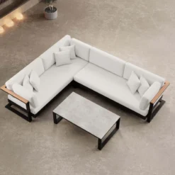 Vayla II – L-Form Outdoor Sofa & Tisch in schwarzem Aluminium | Aevora™ Kollektion