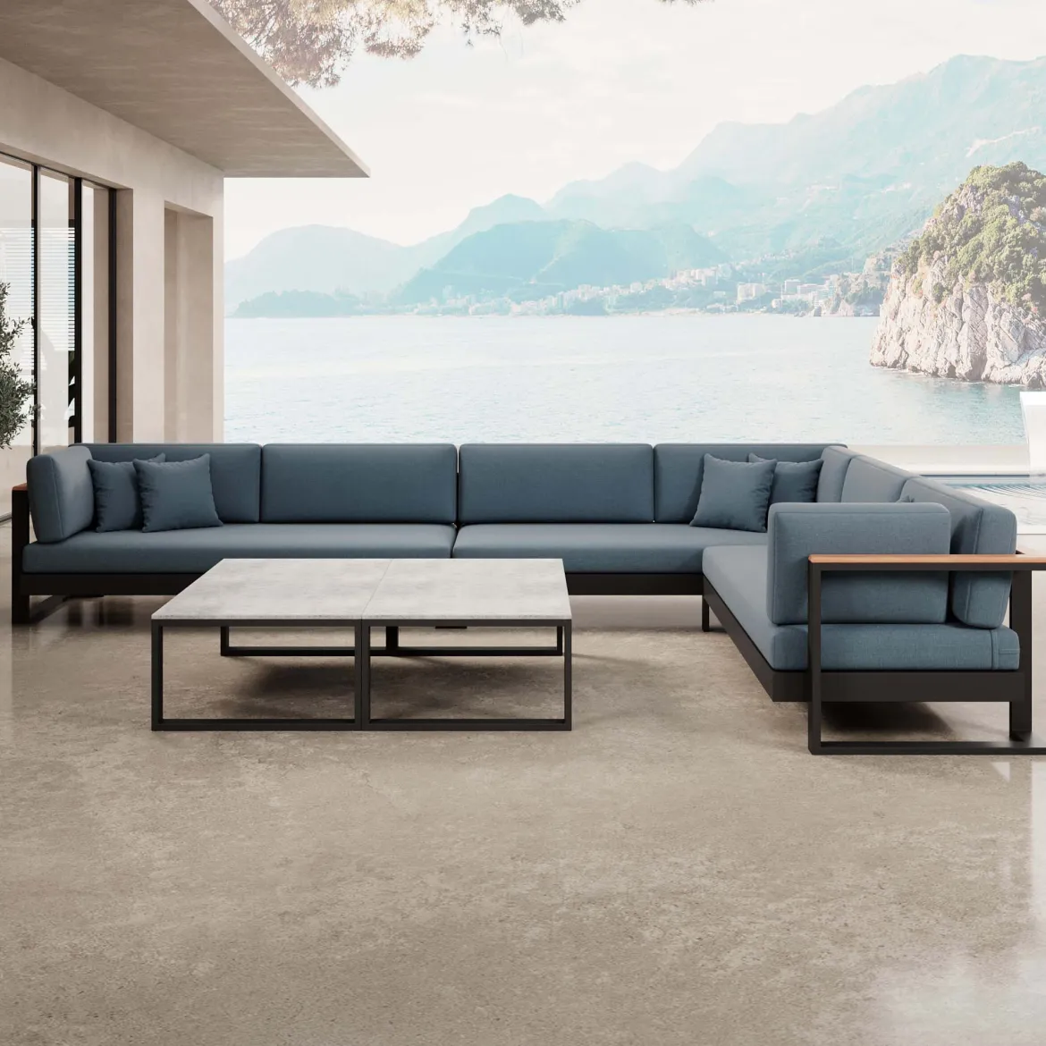 Vayla IV – Wohnlandschaft mit Doppeltisch & Ecksofa aus schwarzem Aluminium | Aevora™ Kollektion