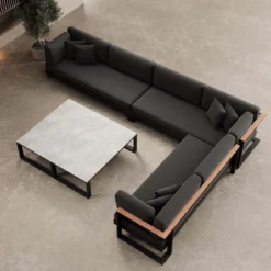 Vayla IV – Wohnlandschaft mit Doppeltisch & Ecksofa aus schwarzem Aluminium | Aevora™ Kollektion