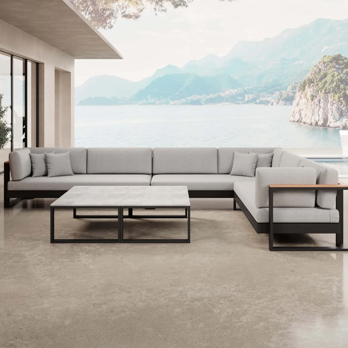 Vayla IV – Wohnlandschaft mit Doppeltisch & Ecksofa aus schwarzem Aluminium | Aevora™ Kollektion