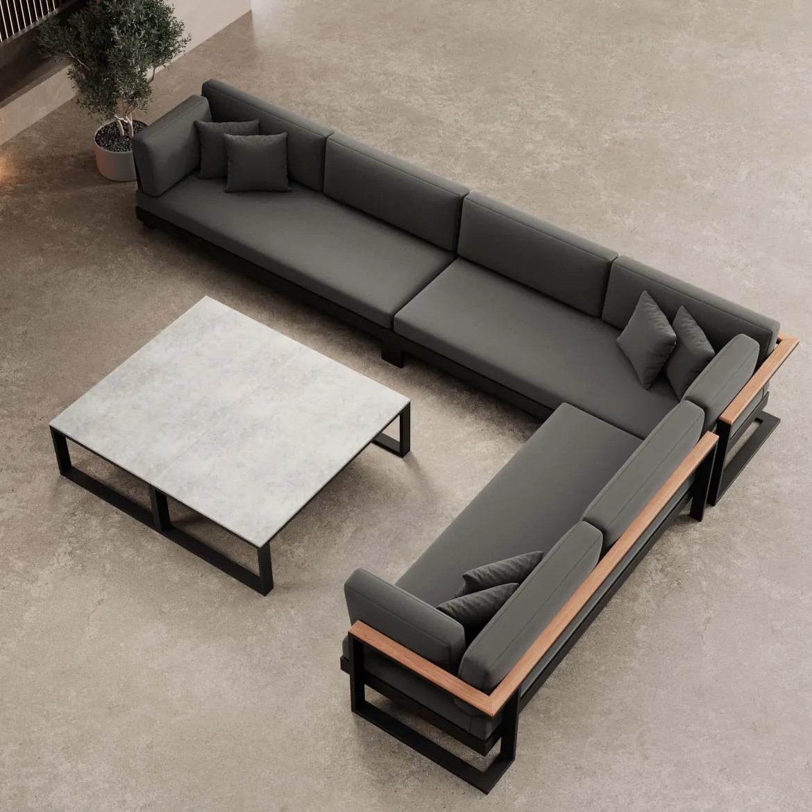 Vayla IV – Wohnlandschaft mit Doppeltisch & Ecksofa aus schwarzem Aluminium | Aevora™ Kollektion
