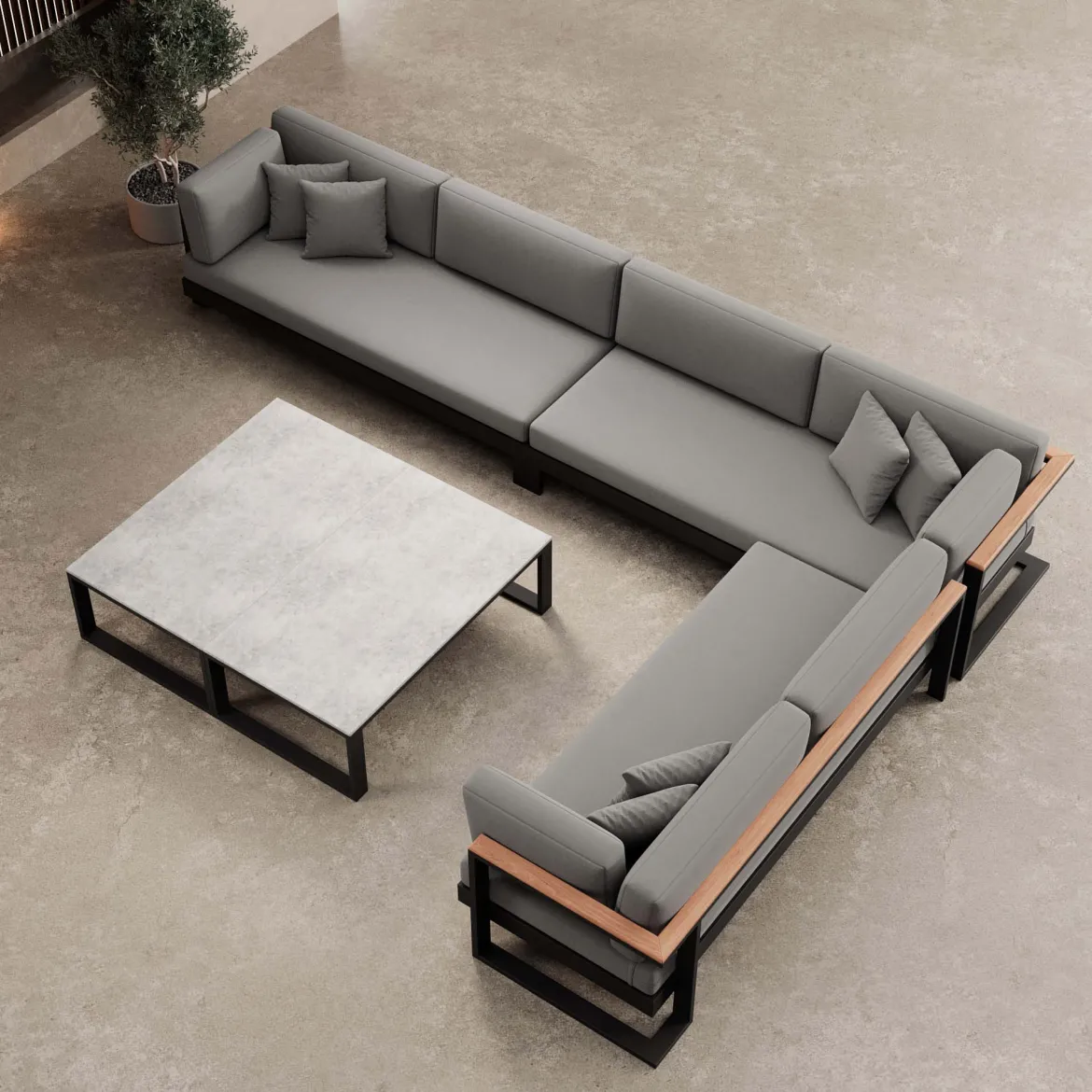 Vayla IV – Wohnlandschaft mit Doppeltisch & Ecksofa aus schwarzem Aluminium | Aevora™ Kollektion