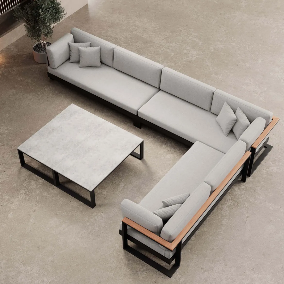 Vayla IV – Wohnlandschaft mit Doppeltisch & Ecksofa aus schwarzem Aluminium | Aevora™ Kollektion