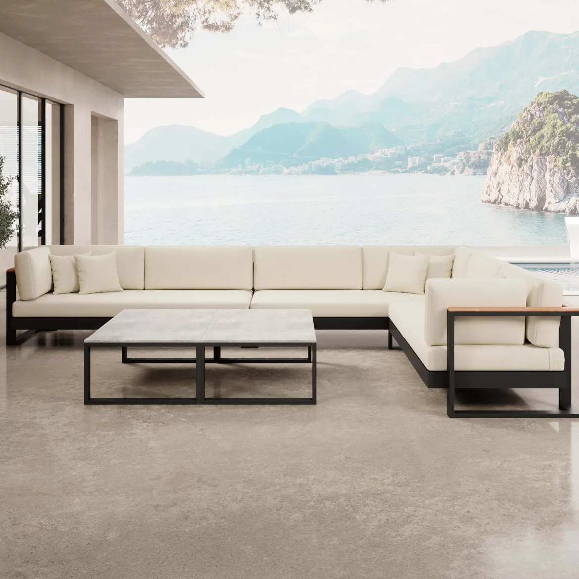 Vayla IV – Wohnlandschaft mit Doppeltisch & Ecksofa aus schwarzem Aluminium | Aevora™ Kollektion