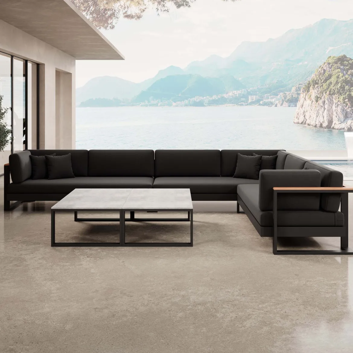 Vayla IV – Wohnlandschaft mit Doppeltisch & Ecksofa aus schwarzem Aluminium | Aevora™ Kollektion