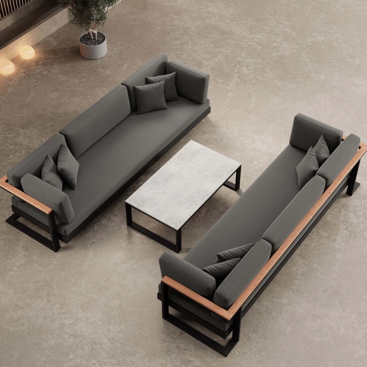 Vayla VI – 2 Dreisitzer & Tisch aus schwarzem Aluminium | Aevora™ Kollektion