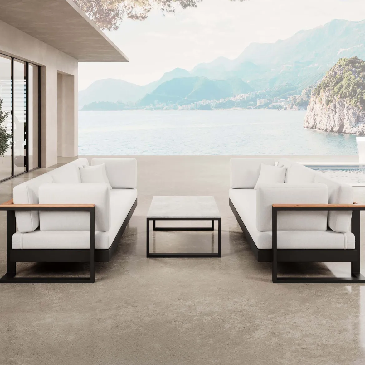Vayla VI – 2 Dreisitzer & Tisch aus schwarzem Aluminium | Aevora™ Kollektion