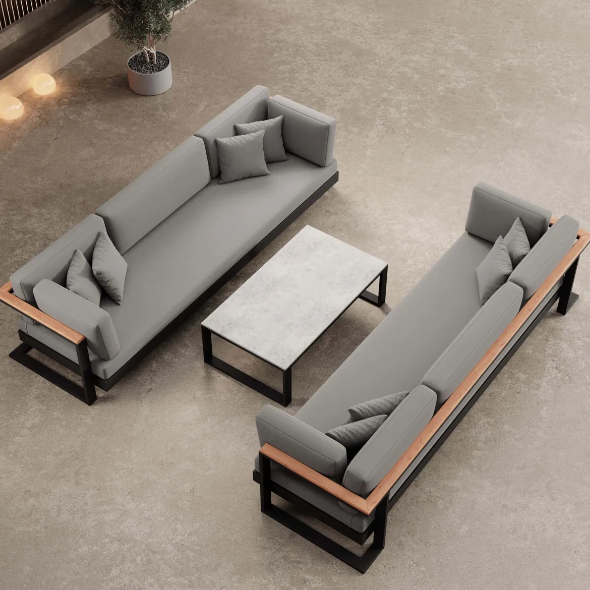 Vayla VI – 2 Dreisitzer & Tisch aus schwarzem Aluminium | Aevora™ Kollektion