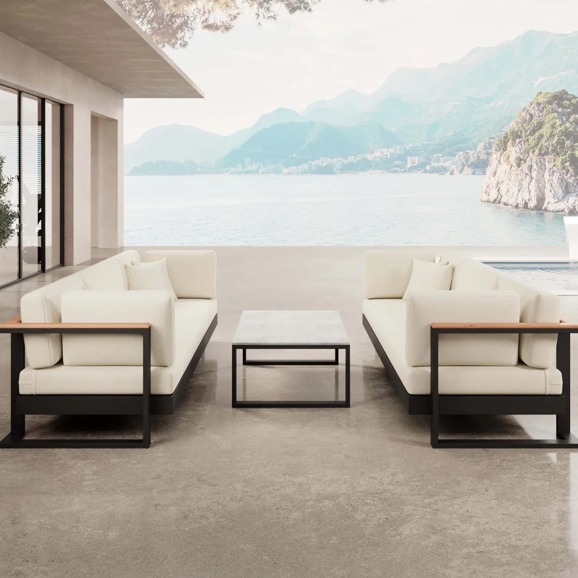 Vayla VI – 2 Dreisitzer & Tisch aus schwarzem Aluminium | Aevora™ Kollektion