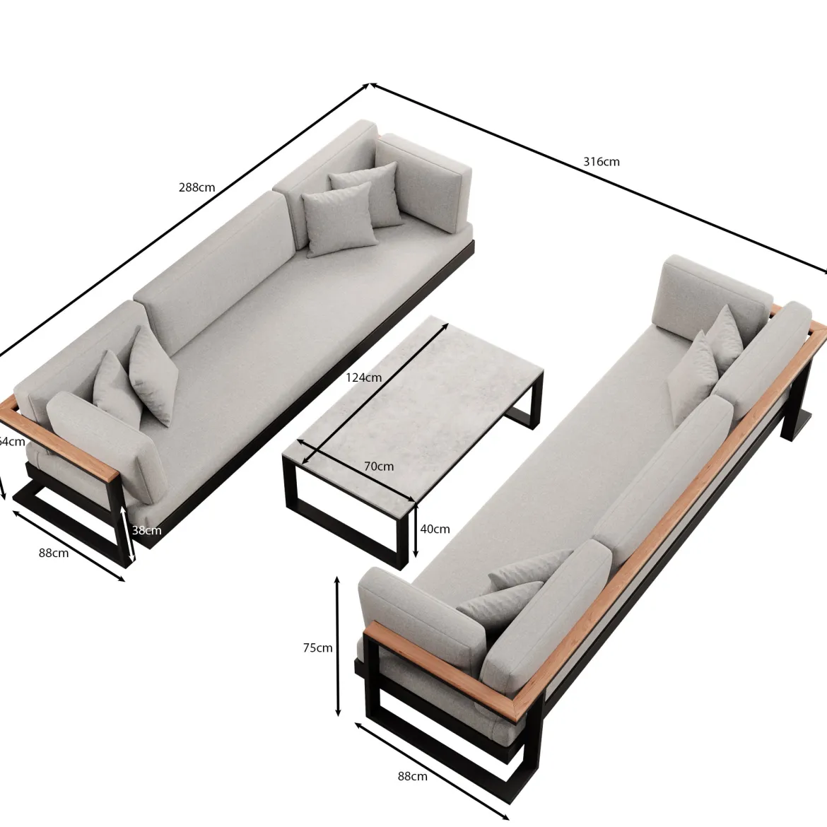 Vayla VI – 2 Dreisitzer & Tisch aus schwarzem Aluminium | Aevora™ Kollektion