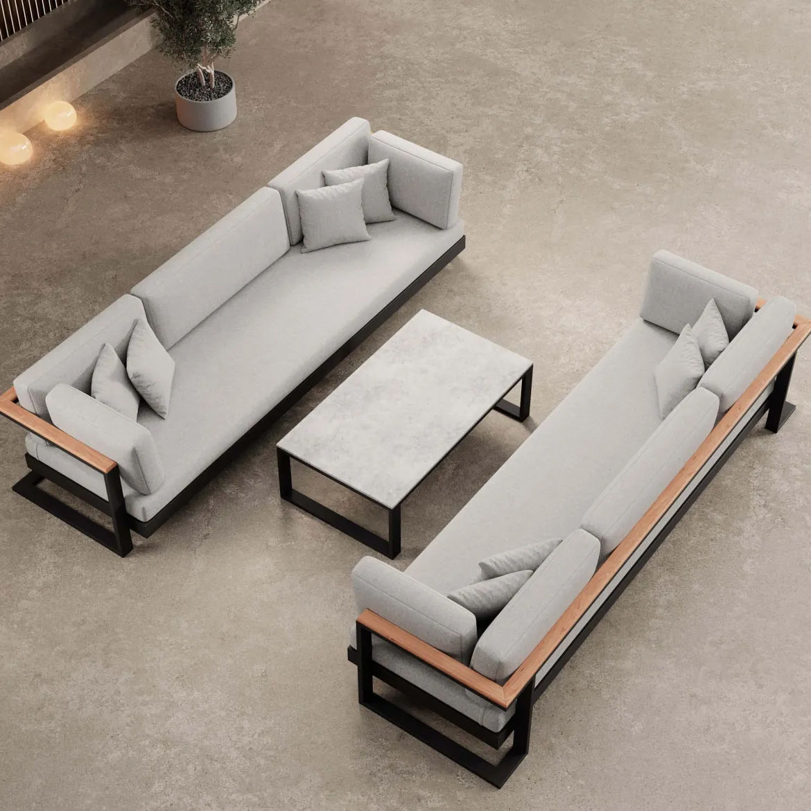 Vayla VI – 2 Dreisitzer & Tisch aus schwarzem Aluminium | Aevora™ Kollektion