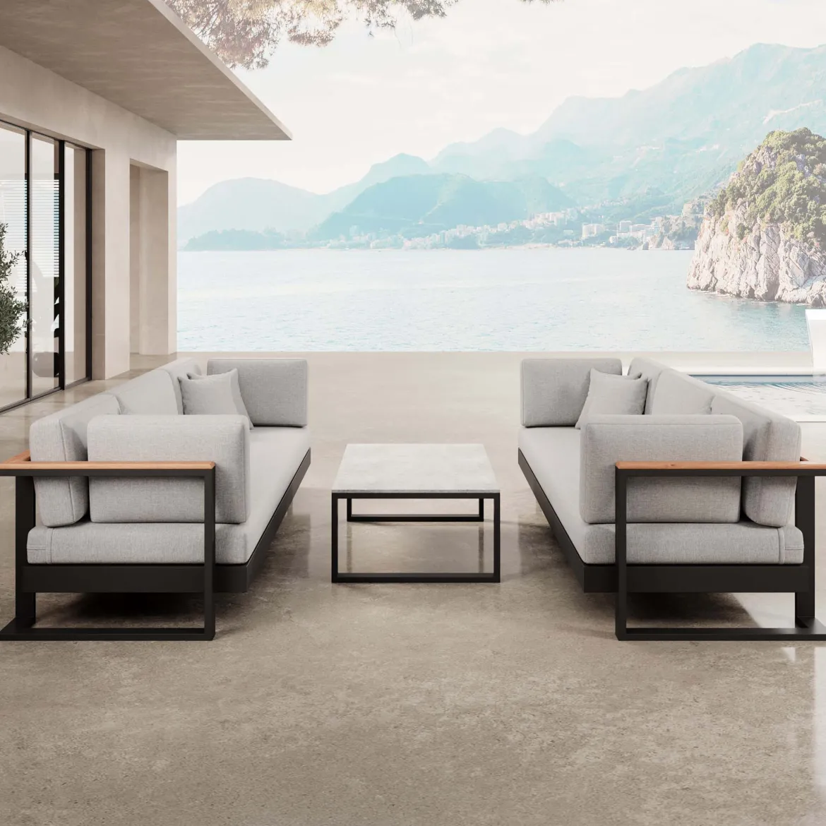 Vayla VI – 2 Dreisitzer & Tisch aus schwarzem Aluminium | Aevora™ Kollektion