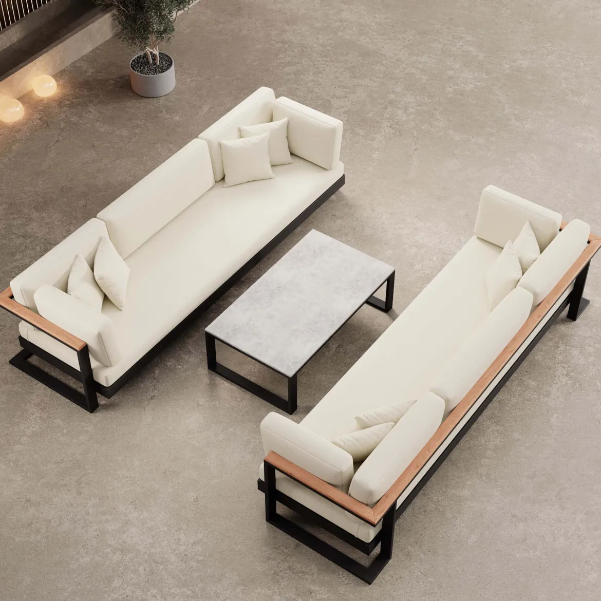 Vayla VI – 2 Dreisitzer & Tisch aus schwarzem Aluminium | Aevora™ Kollektion