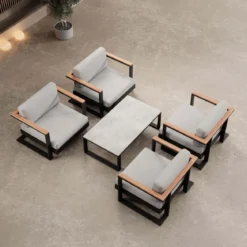 Vayla V – 4 Loungesessel & Tisch aus schwarzem Aluminium | Aevora™ Kollektion