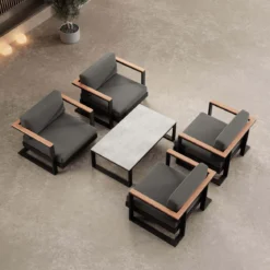 Vayla V – 4 Loungesessel & Tisch aus schwarzem Aluminium | Aevora™ Kollektion