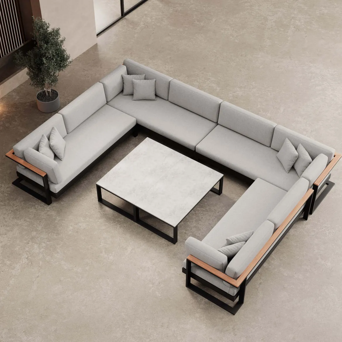 Vayla – Wohnlandschaft in U-Form mit Tisch aus schwarzem Aluminium | Aevora™ Kollektion