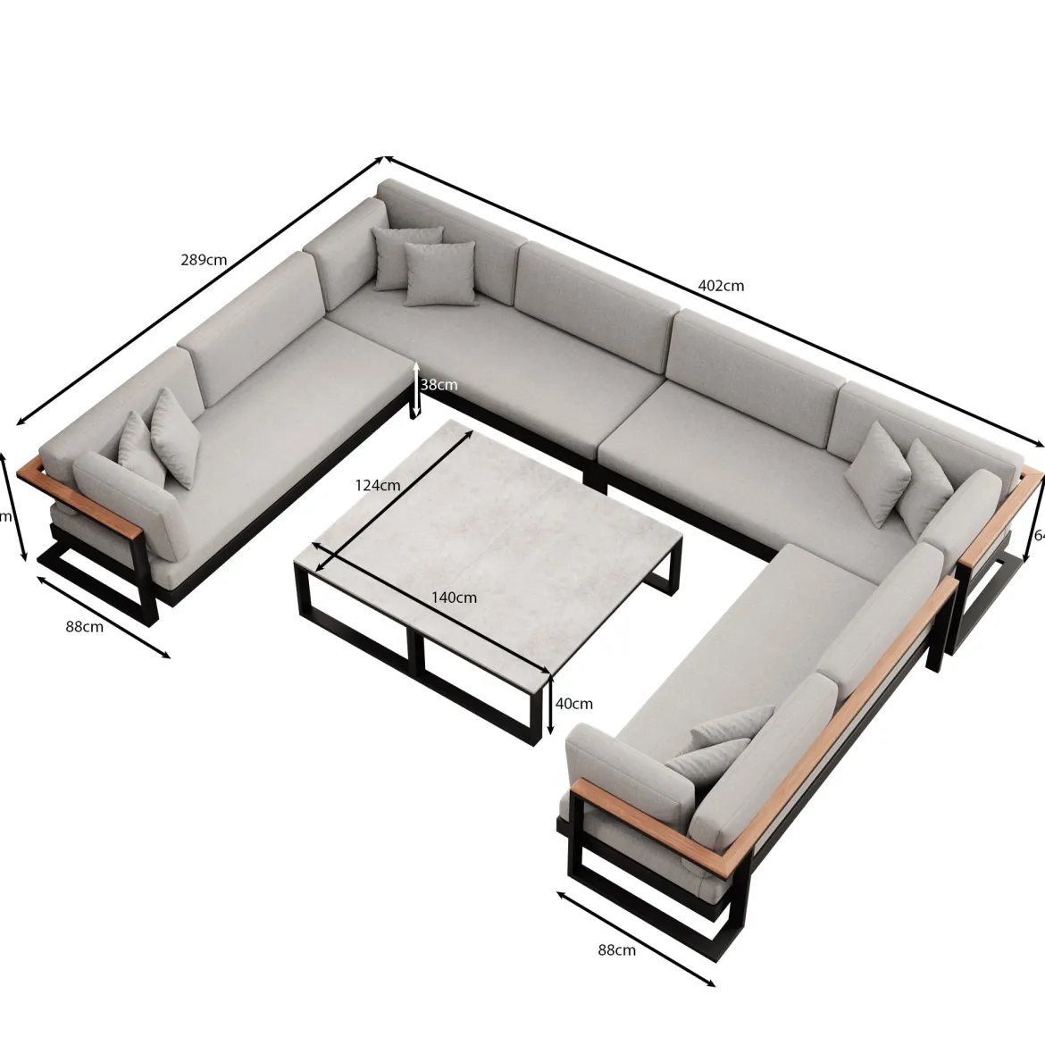 Vayla – Wohnlandschaft in U-Form mit Tisch aus schwarzem Aluminium | Aevora™ Kollektion