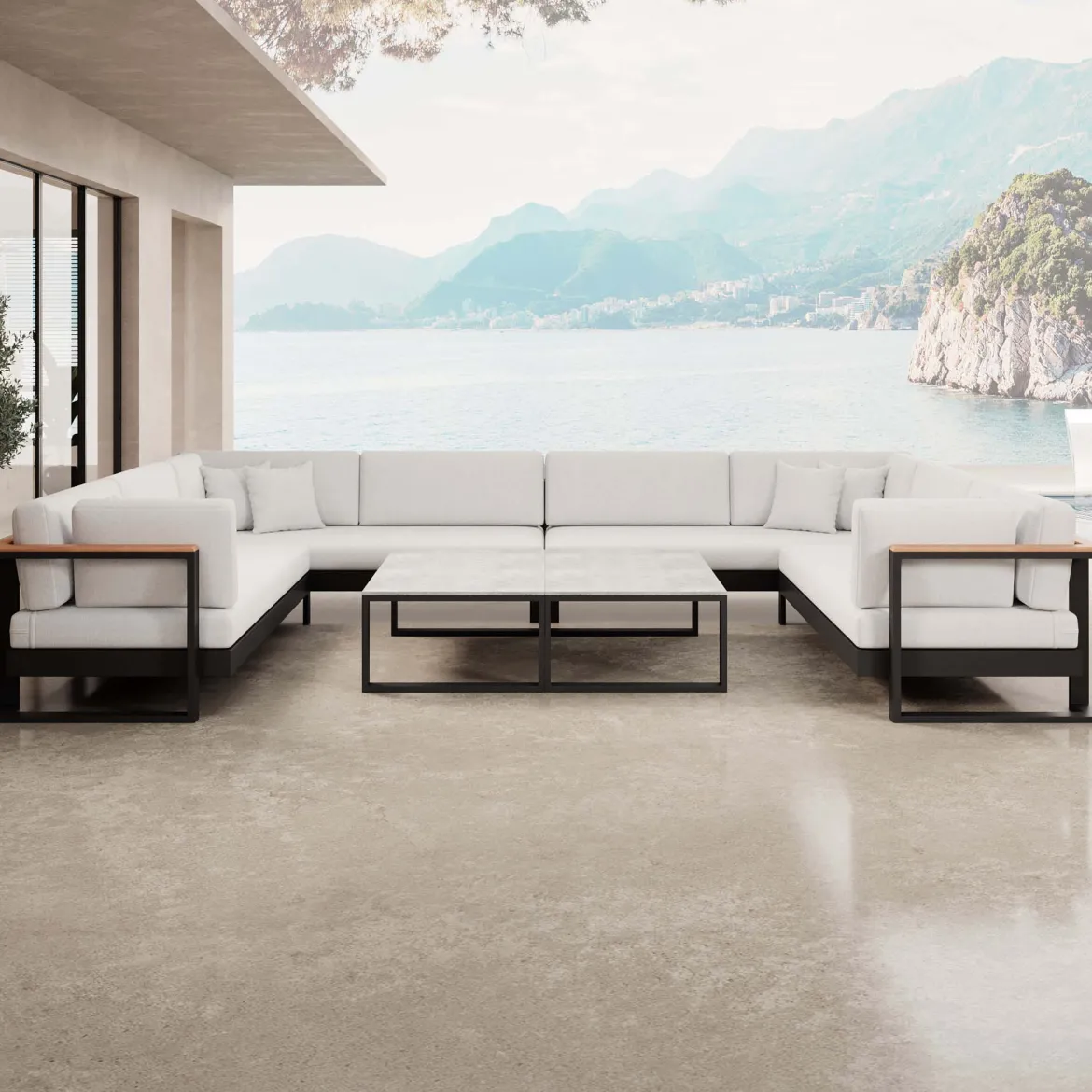 Vayla – Wohnlandschaft in U-Form mit Tisch aus schwarzem Aluminium | Aevora™ Kollektion