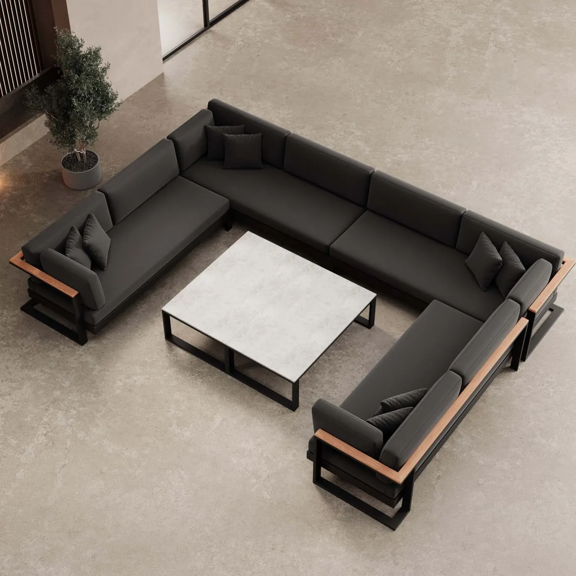 Vayla – Wohnlandschaft in U-Form mit Tisch aus schwarzem Aluminium | Aevora™ Kollektion