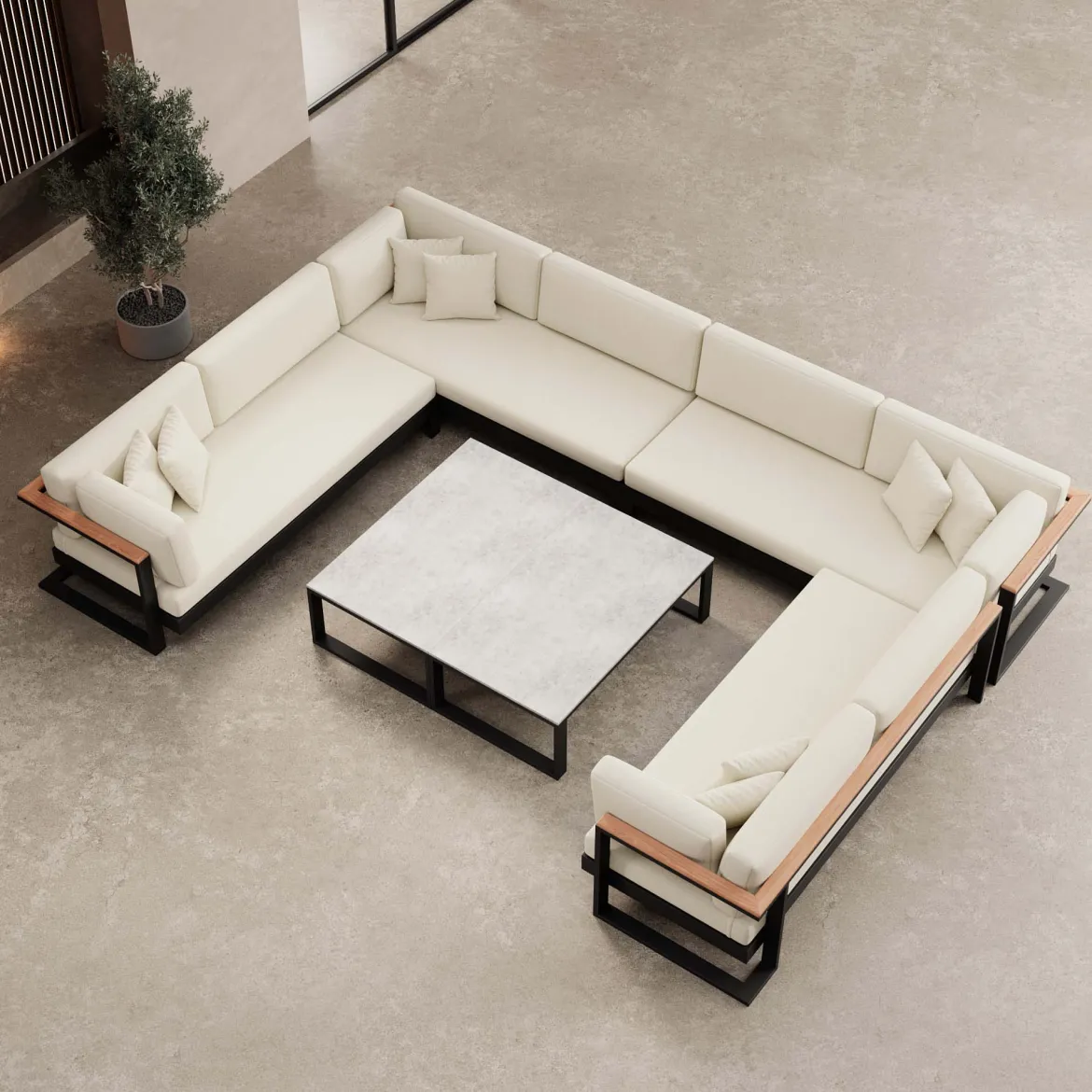 Vayla – Wohnlandschaft in U-Form mit Tisch aus schwarzem Aluminium | Aevora™ Kollektion