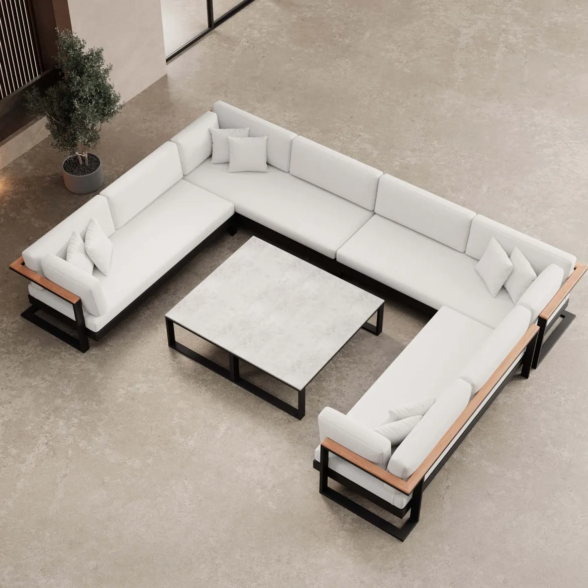 Vayla – Wohnlandschaft in U-Form mit Tisch aus schwarzem Aluminium | Aevora™ Kollektion