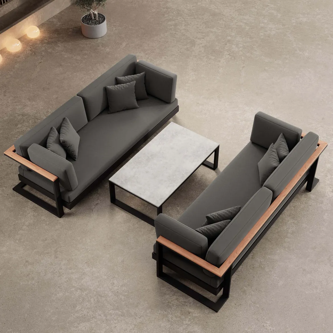 Vayla – 2 Zweisitzer & Tisch aus schwarzem Aluminium | Aevora™ Kollektion