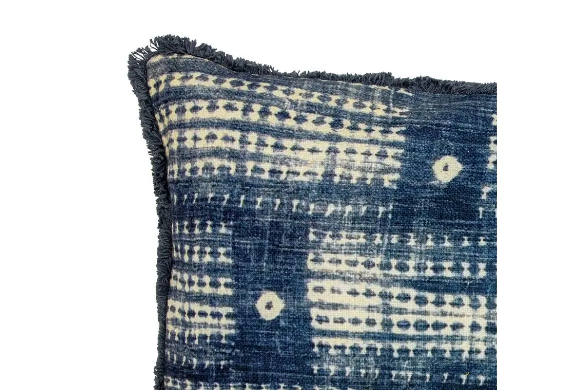 Zierkissen Elwin – Baumwollkissen in Blau mit Print & Fransen